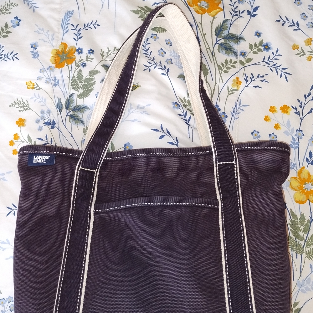 Lands' End Medium Size Cream and Blue Canvas Tote Bag Open Top